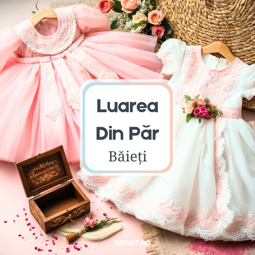 Luarea Din Păr Fete, O scenă tradițională și elegantă pentru prima tăiere a părului unei fetițe, cu rochițe tradiționale și accesorii ceremoniale decorate cu motive românești.
